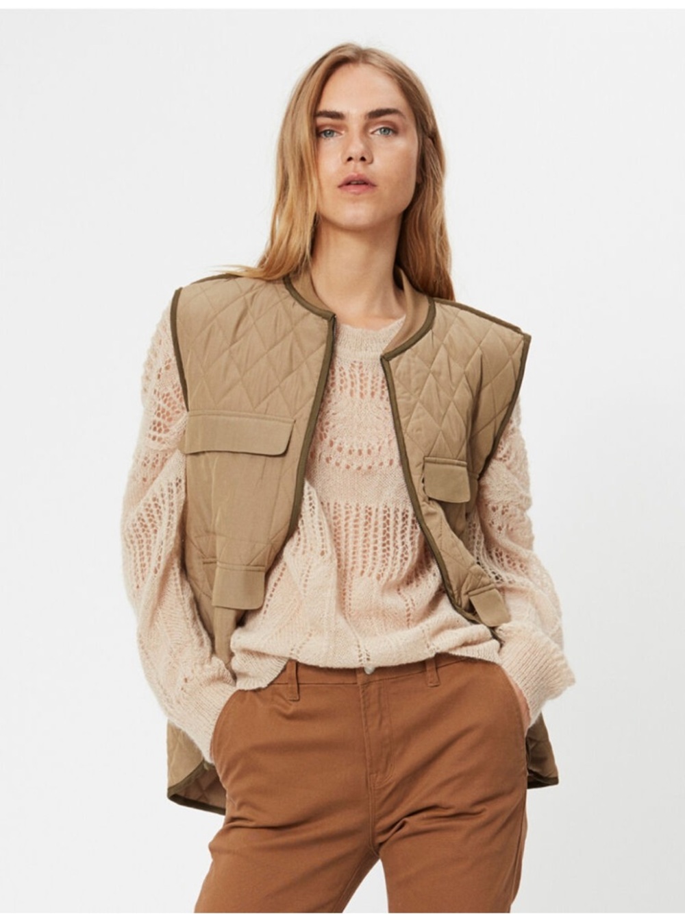 Quilted Tan Utility Vest - Women's Sleeveless Layering Piece